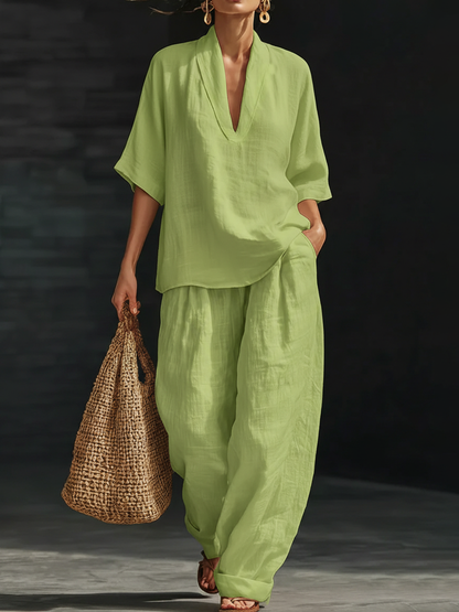 Women's Linen Two Piece Set V Neck Short Sleeve Top and Wide Leg Trousers