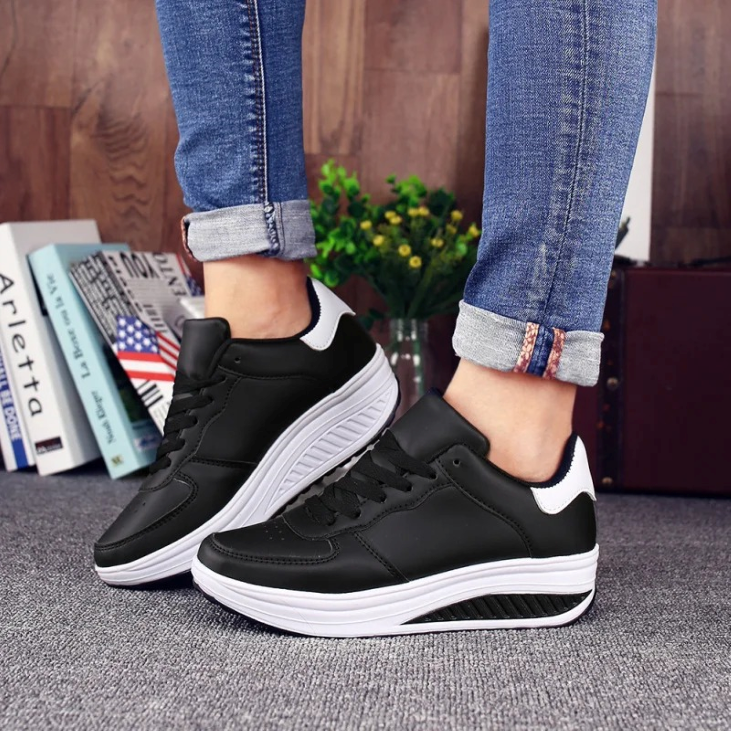 Orthopaedic Women's Sneakers in Black Leather - FlexiStep-Black and white-2.5-Nora Luxe