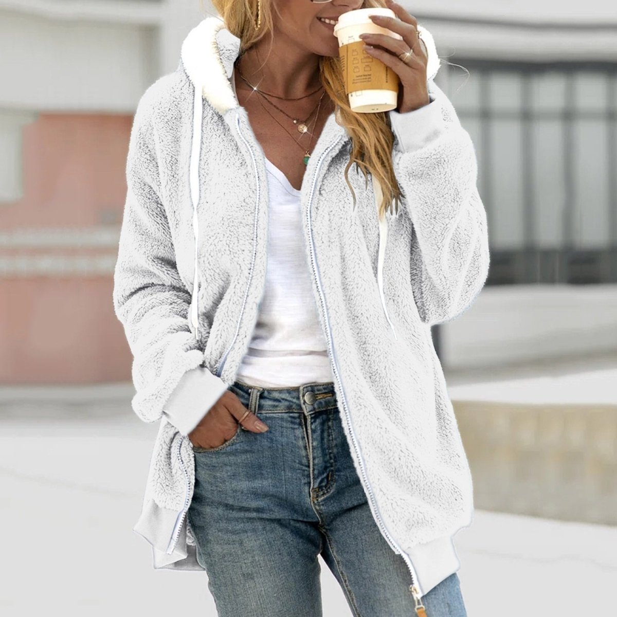 Oversized Warm Teddy Vest with Zip - Emilia-White-S-State of Style