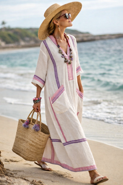Ella - Airy Beach Dress with V-Neck and Stripes