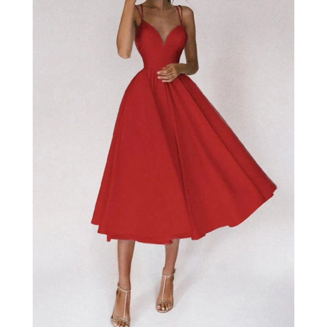 Paula | Damen Cocktailkleid Midi Mit Spaghettiträgern