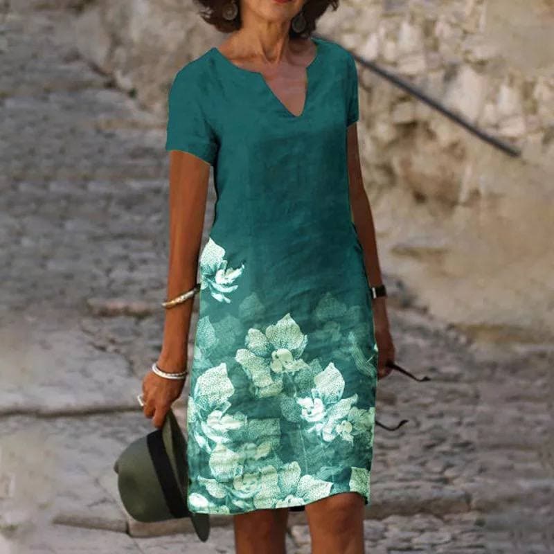 Celeste | Vestido Midi de Lino de Manga Corta para Mujeres