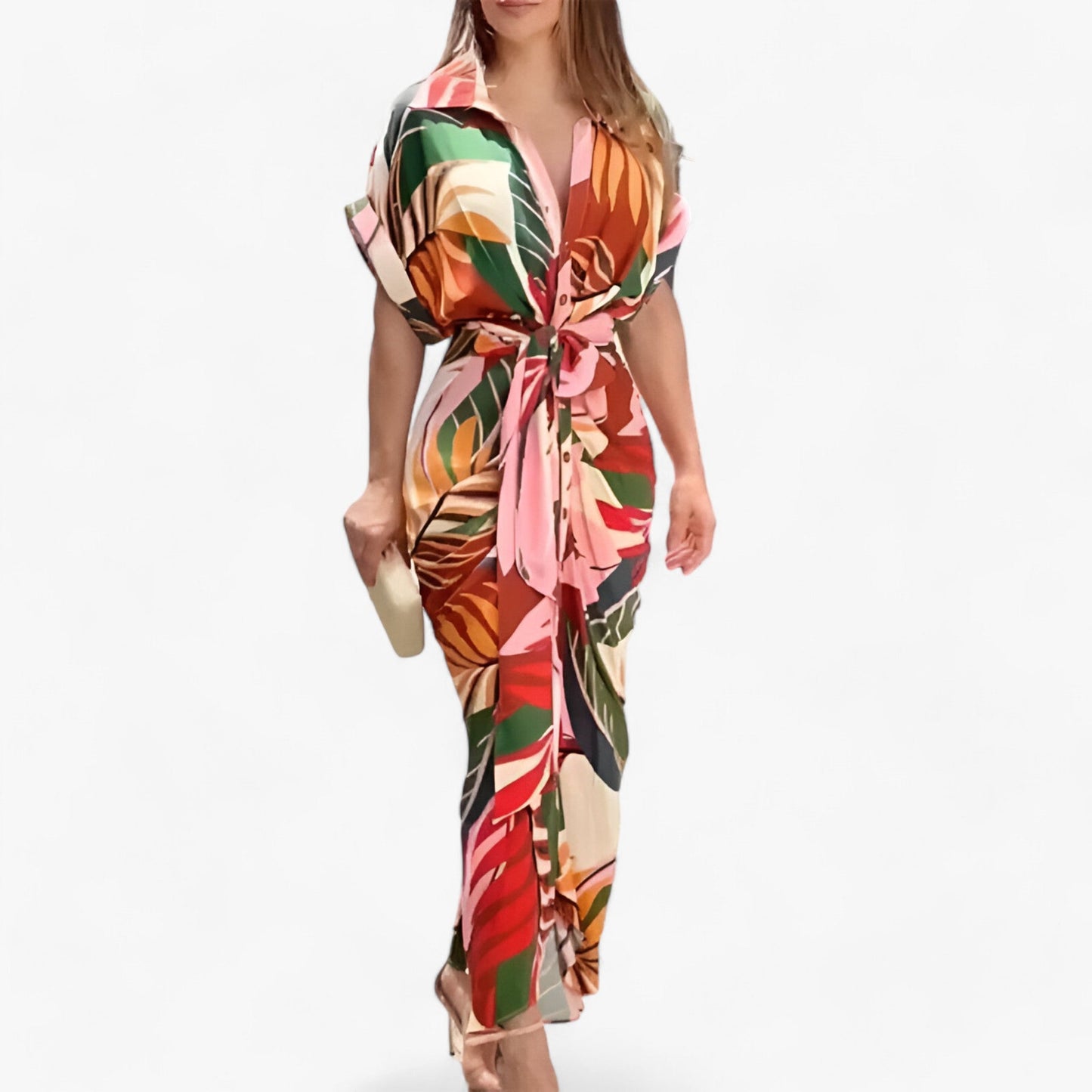 Valeria – Elegant midi dress in refined style with collar and tie belt