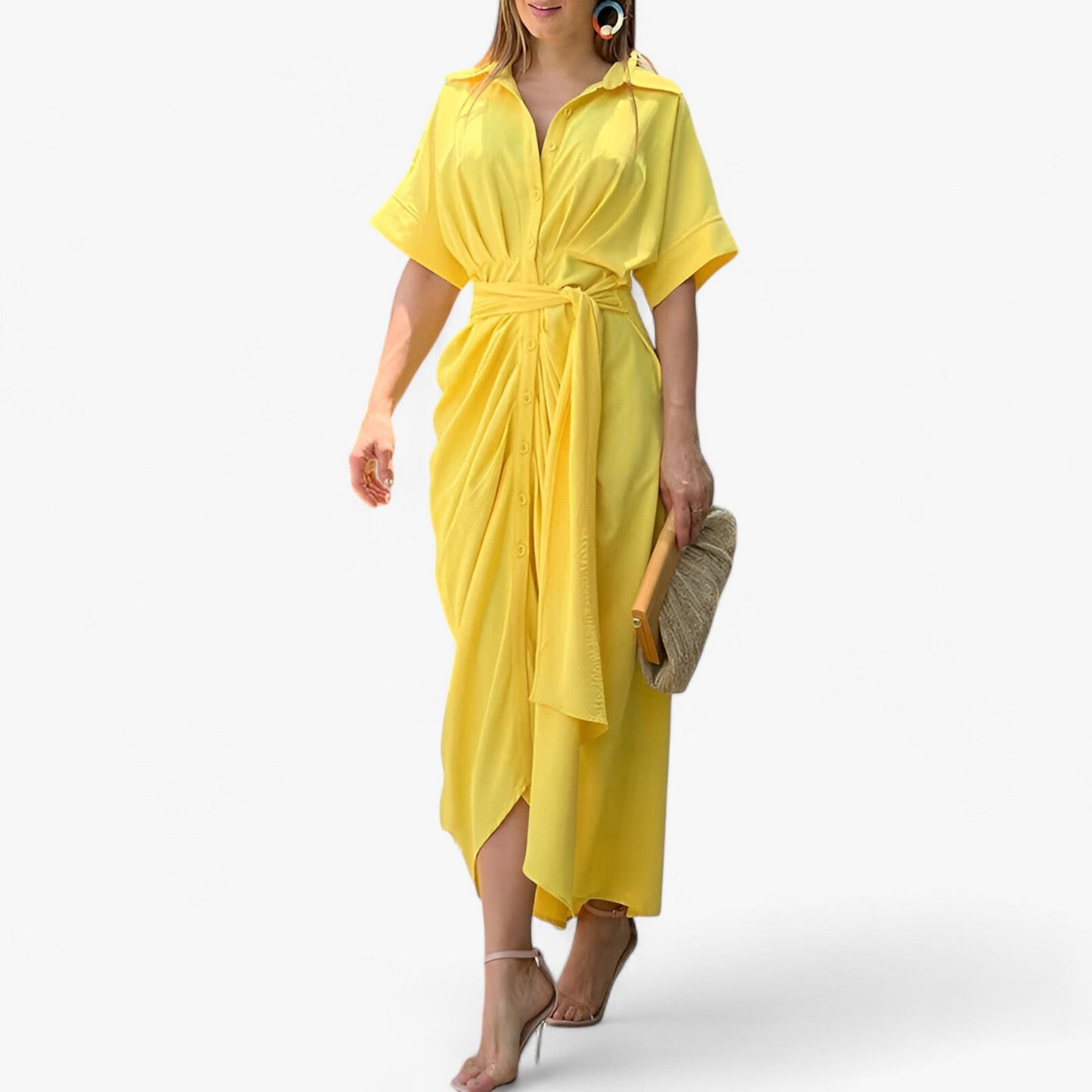 Valeria – Elegant midi dress in refined style with collar and tie belt