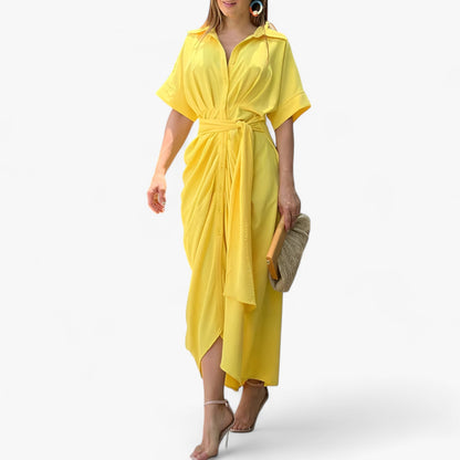 Valeria – Elegant midi dress in refined style with collar and tie belt