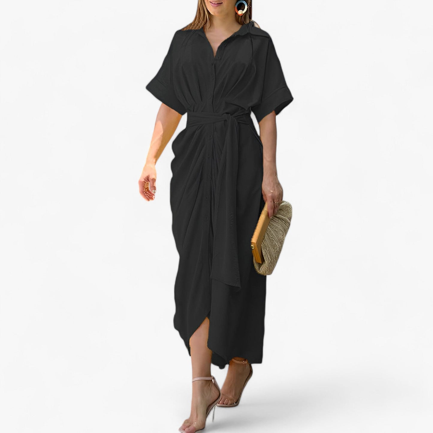 Valeria – Elegant midi dress in refined style with collar and tie belt