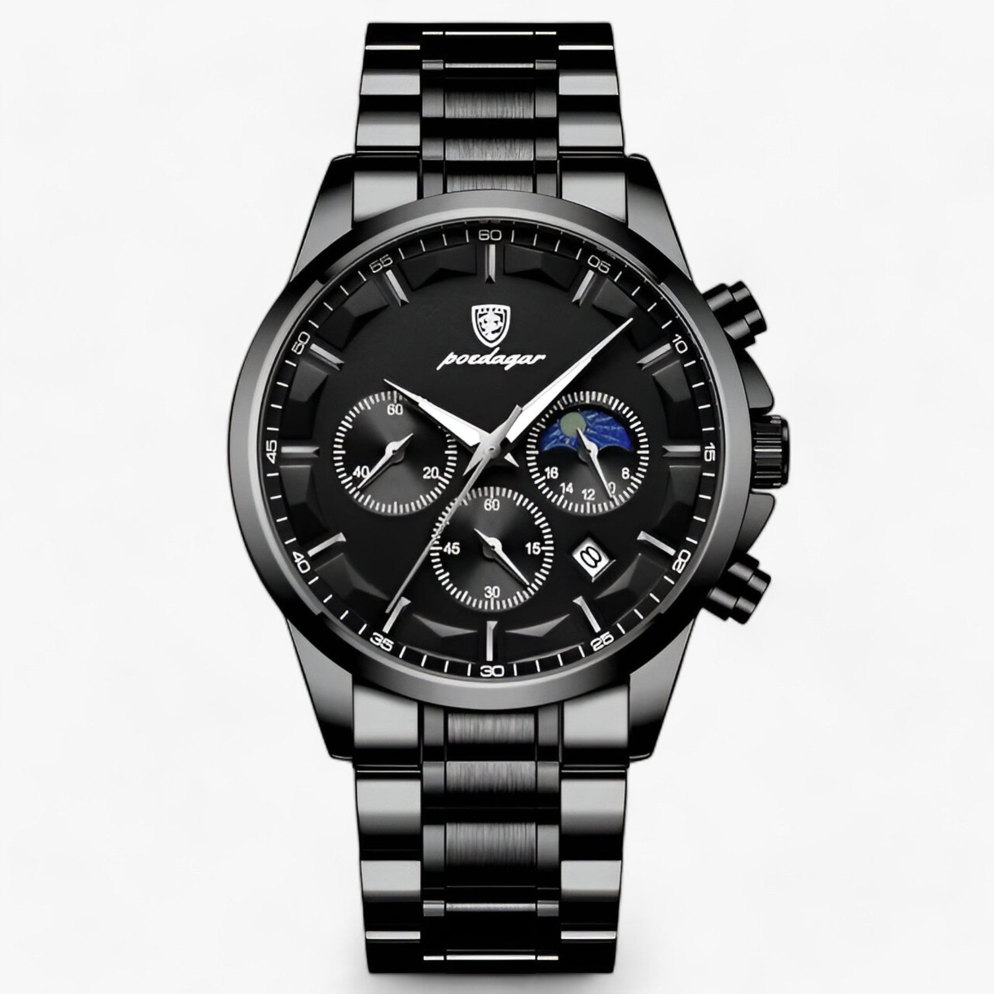 Schwarze Edelstahl-Armbanduhr mit Chronograph, Mondphase und Datumsanzeige, Herrenarmbanduhr.