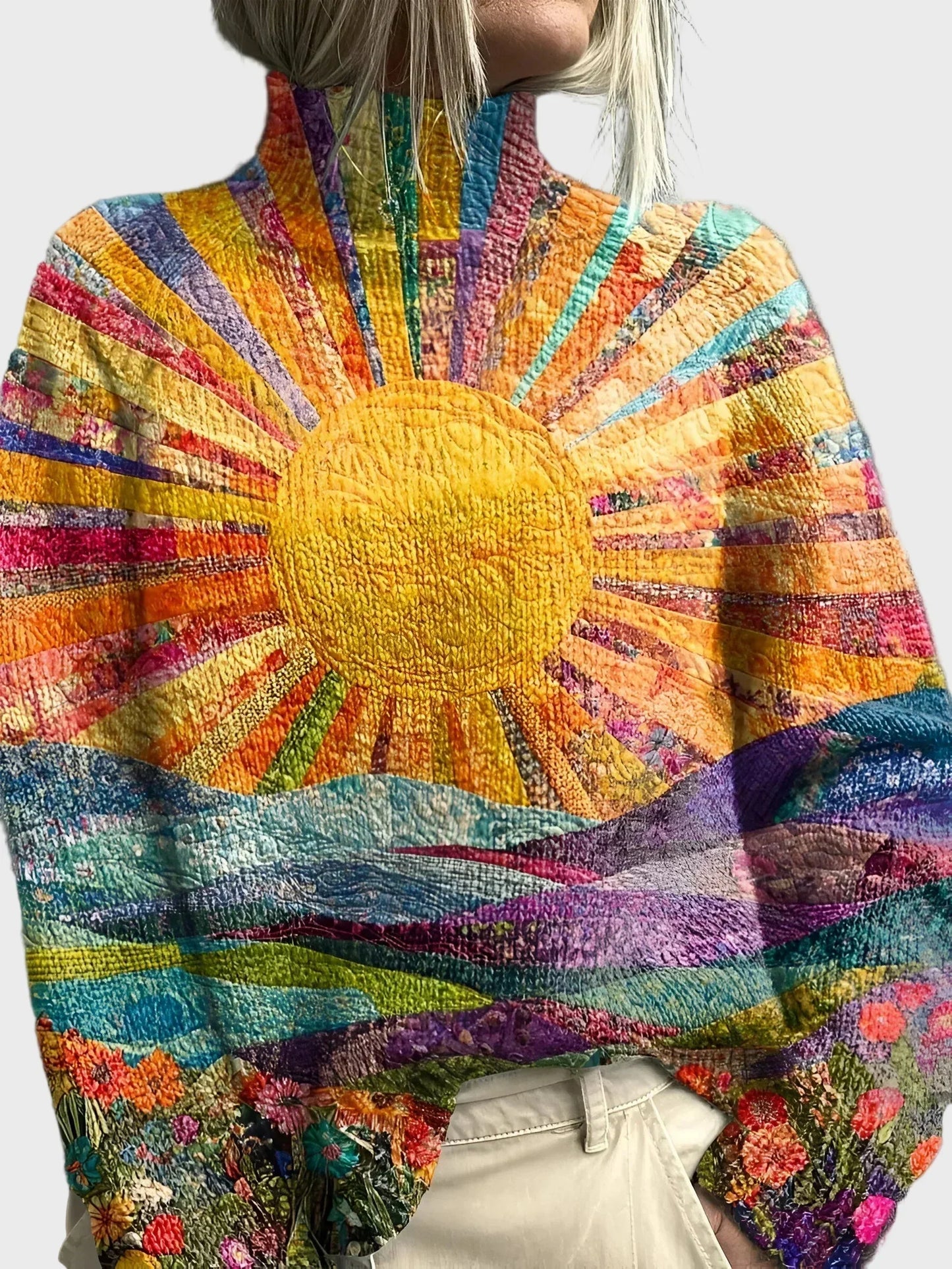 Sweter z wysokim kołnierzem o unikalnym designie