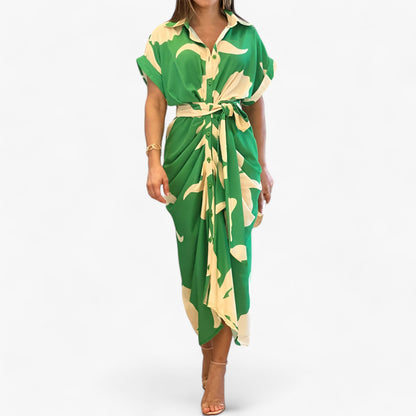 Valeria – Elegant midi dress in refined style with collar and tie belt