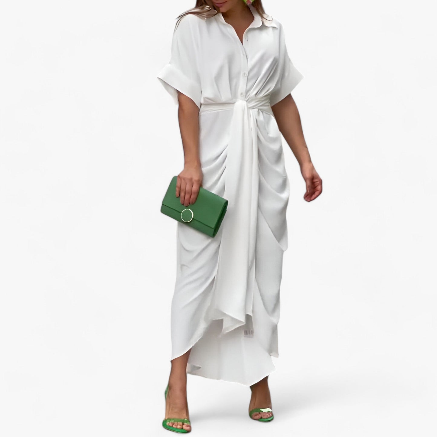 Valeria – Elegant midi dress in refined style with collar and tie belt