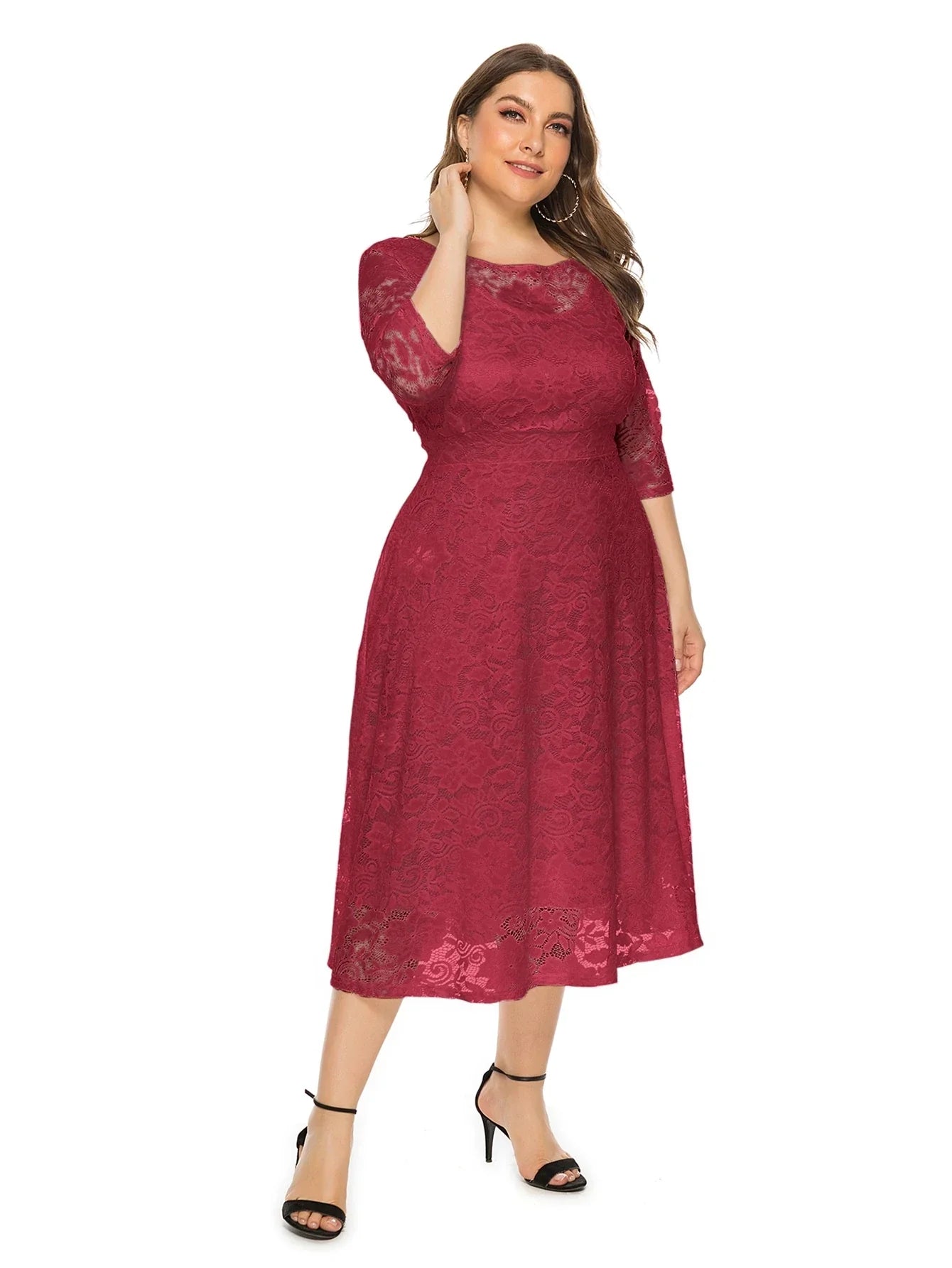 Plus Size Midi Dress with Contrasting Lace-Black-XL-State of Style