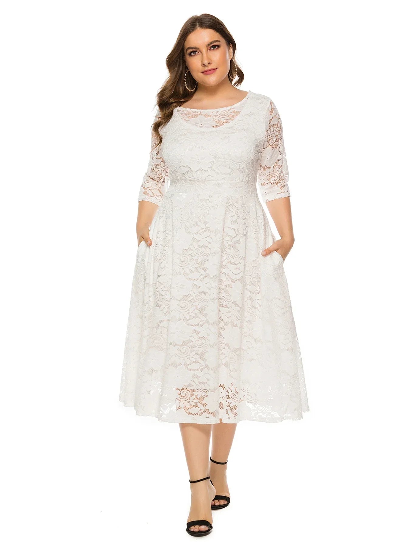 Plus Size Midi Dress with Contrasting Lace-White-XL-State of Style