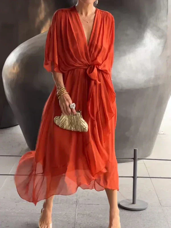Monica™ | Vestido de Chifón de Seda con Escote en V