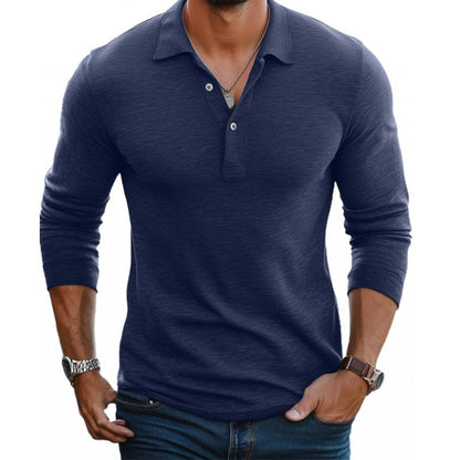 Polo Homme Décontracté en Mélange de Coton – Manches Longues Slim avec Col à Revers