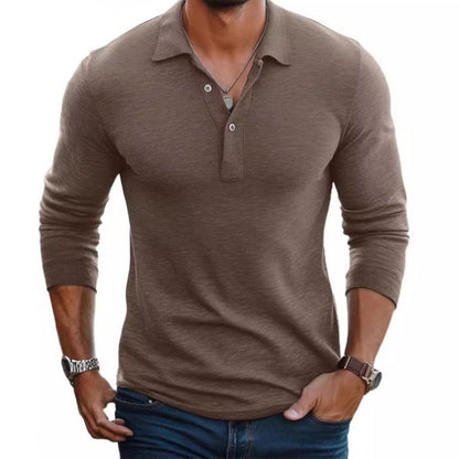 Polo Homme Décontracté en Mélange de Coton – Manches Longues Slim avec Col à Revers