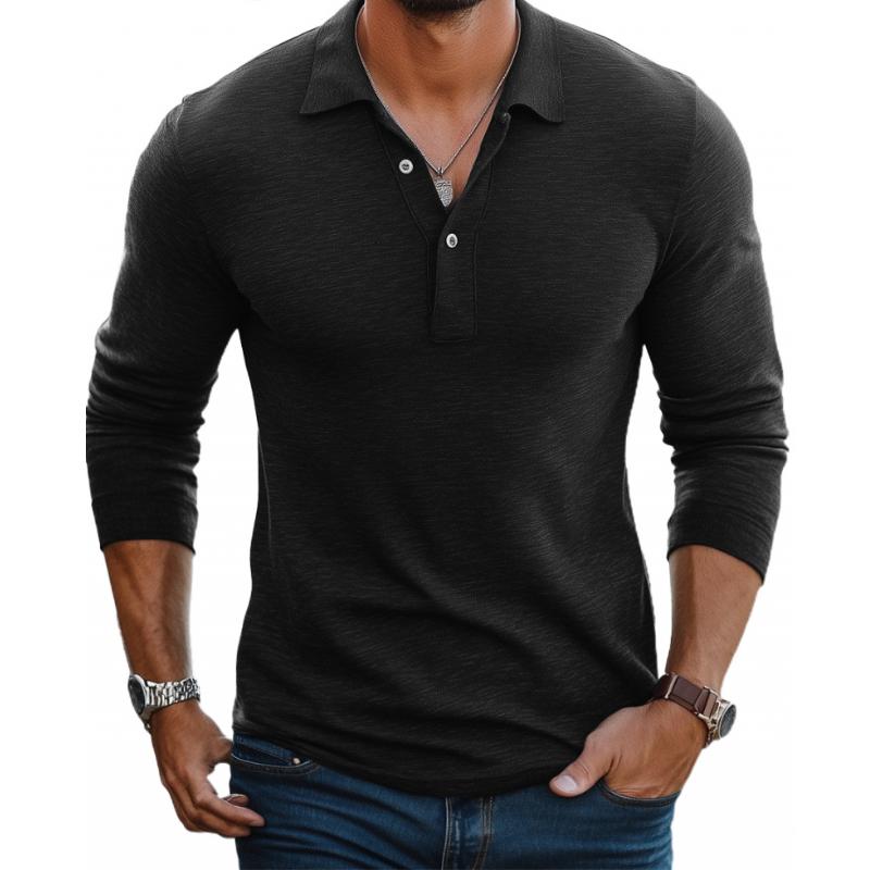 Polo Homme Décontracté en Mélange de Coton – Manches Longues Slim avec Col à Revers