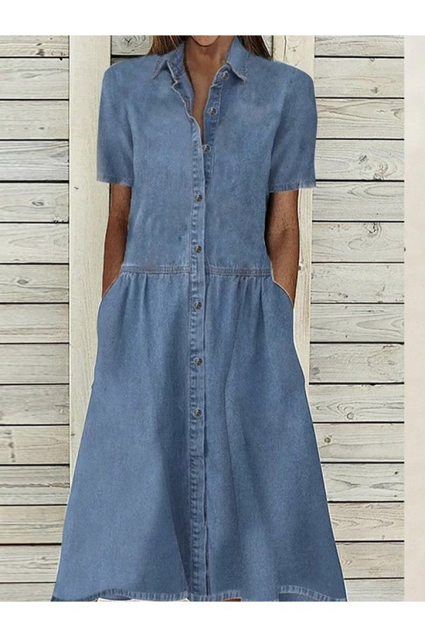 Women's Button Down Short Sleeve Midi Dress