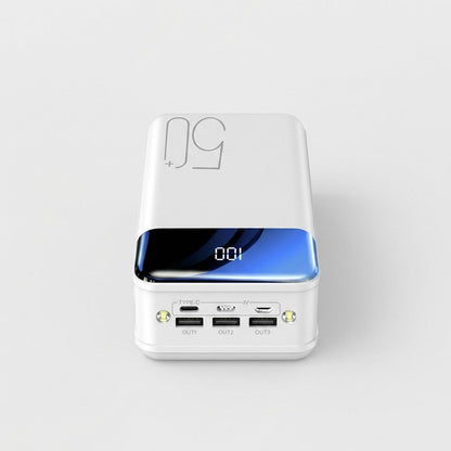 White High-Capacity Power Bank With Built-In LED Lights Studio Front View - Emergency Portable Power - Jurni