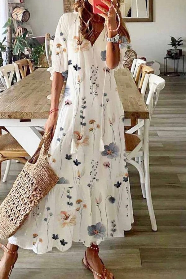 Women's Floral Print V-Neck Tassel Maxi Dress Boho