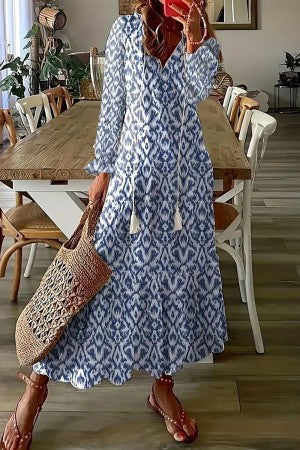 Women's Floral Print V-Neck Tassel Maxi Dress Boho