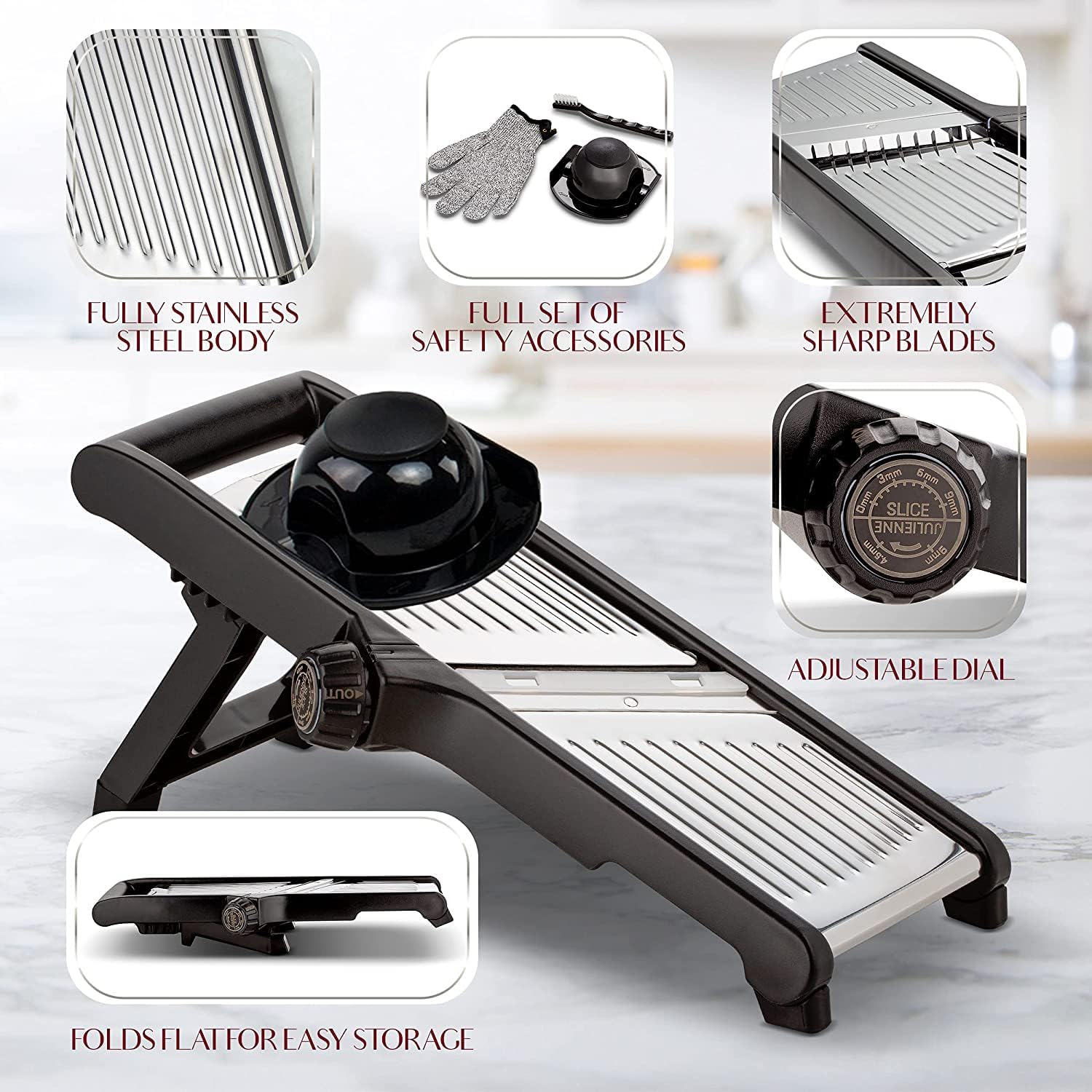 Premium food slicer with cut-resistant gloves-Adjustable Mandoline-Nora Luxe