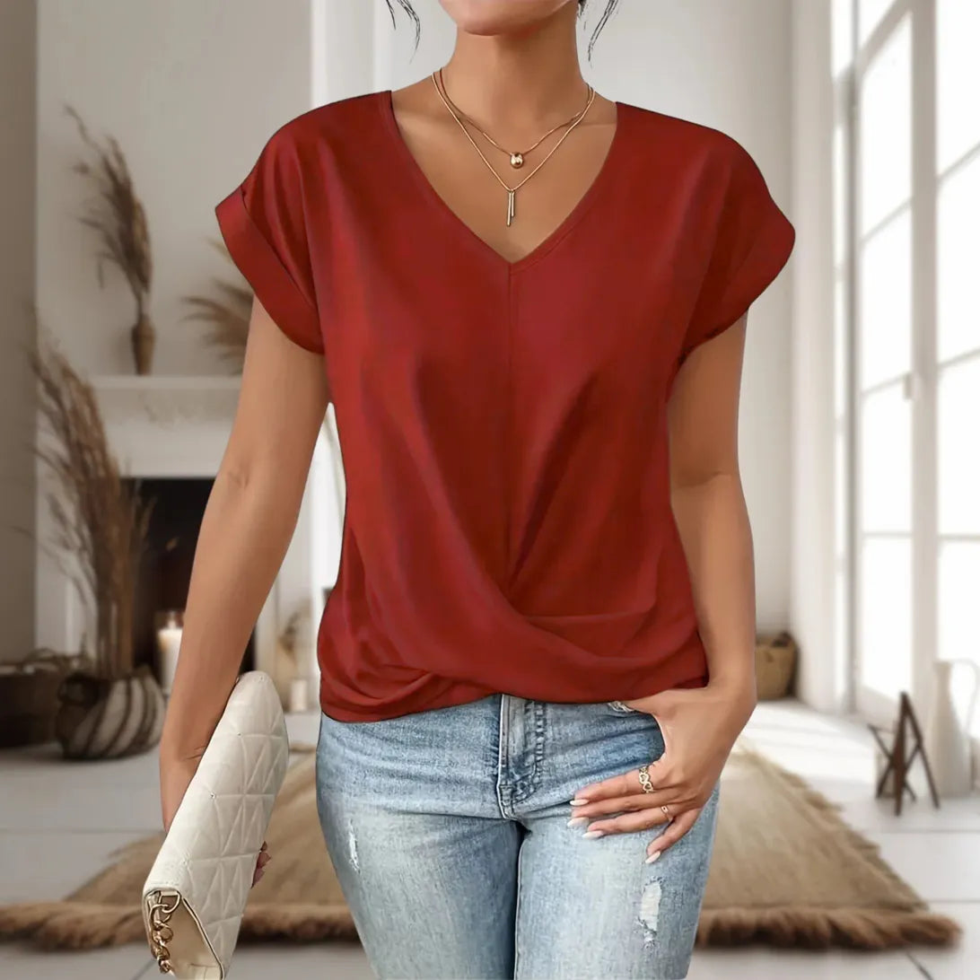 Wool Mix V-Neck Women Short Sleeve Twist Front Blouse
