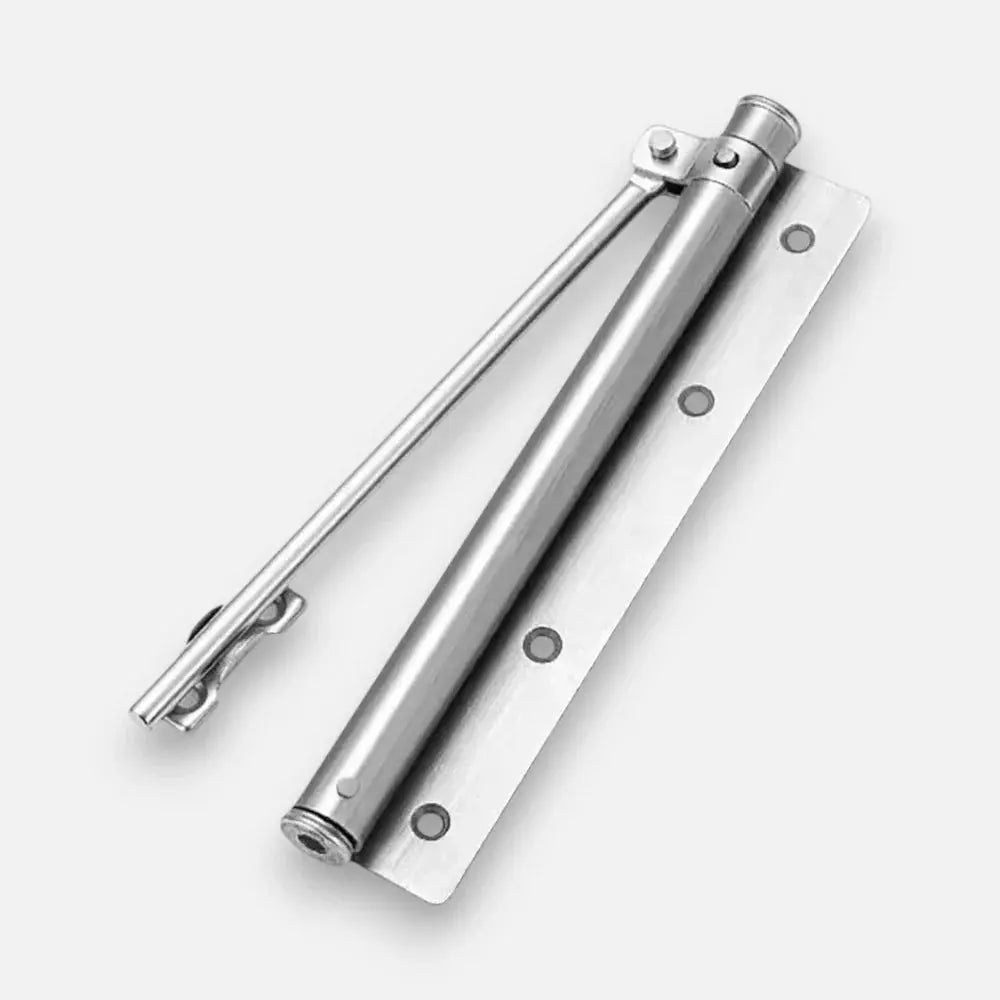 Automatic Door Closer — Stainless Steel Mechanism front view on neutral background