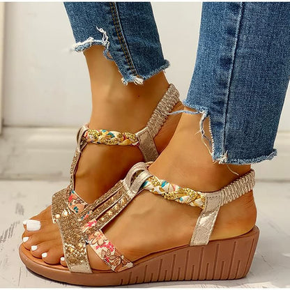 Women’s Boho Wedge Sandals Elastic Strap Lightweight Comfortable Summer Sandals