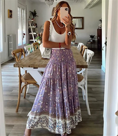 Women’s Bohemian Tiered Midi Skirt Elastic Waist Flowing Lightweight Summer Skirt