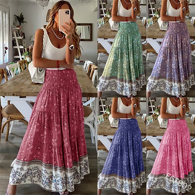Women’s Bohemian Tiered Midi Skirt Elastic Waist Flowing Lightweight Summer Skirt