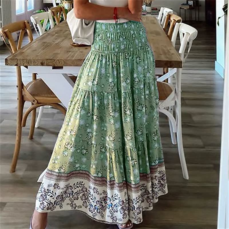 Women’s Bohemian Tiered Midi Skirt Elastic Waist Flowing Lightweight Summer Skirt