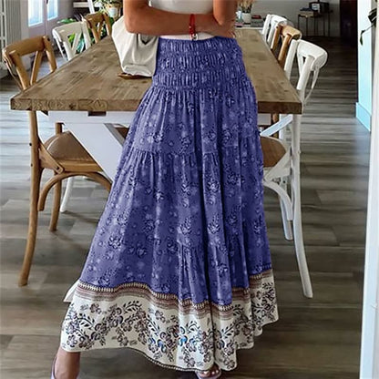 Women’s Bohemian Tiered Midi Skirt Elastic Waist Flowing Lightweight Summer Skirt