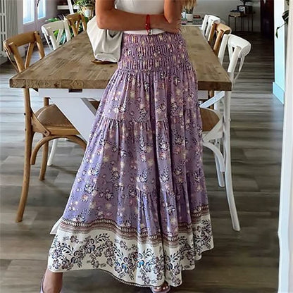 Women’s Bohemian Tiered Midi Skirt Elastic Waist Flowing Lightweight Summer Skirt