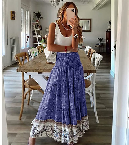 Women’s Bohemian Tiered Midi Skirt Elastic Waist Flowing Lightweight Summer Skirt