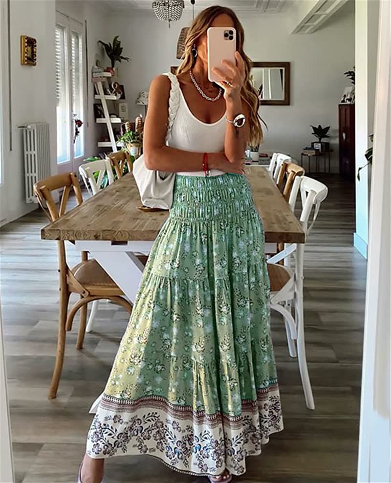 Women’s Bohemian Tiered Midi Skirt Elastic Waist Flowing Lightweight Summer Skirt