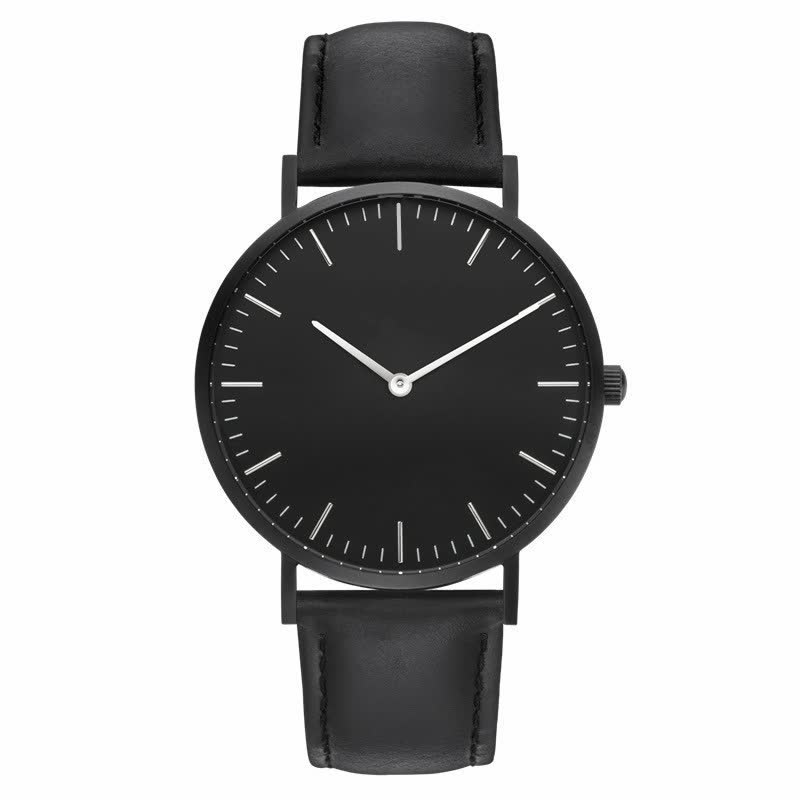 Minimalistische schwarze Armbanduhr mit Lederarmband, elegantes Design, Unisex-Uhr.