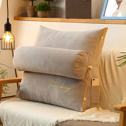 Graues Keilkissen mit Nackenrolle, weicher Stoff, ideal für Sofa oder Bett, mit Seitentasche.
