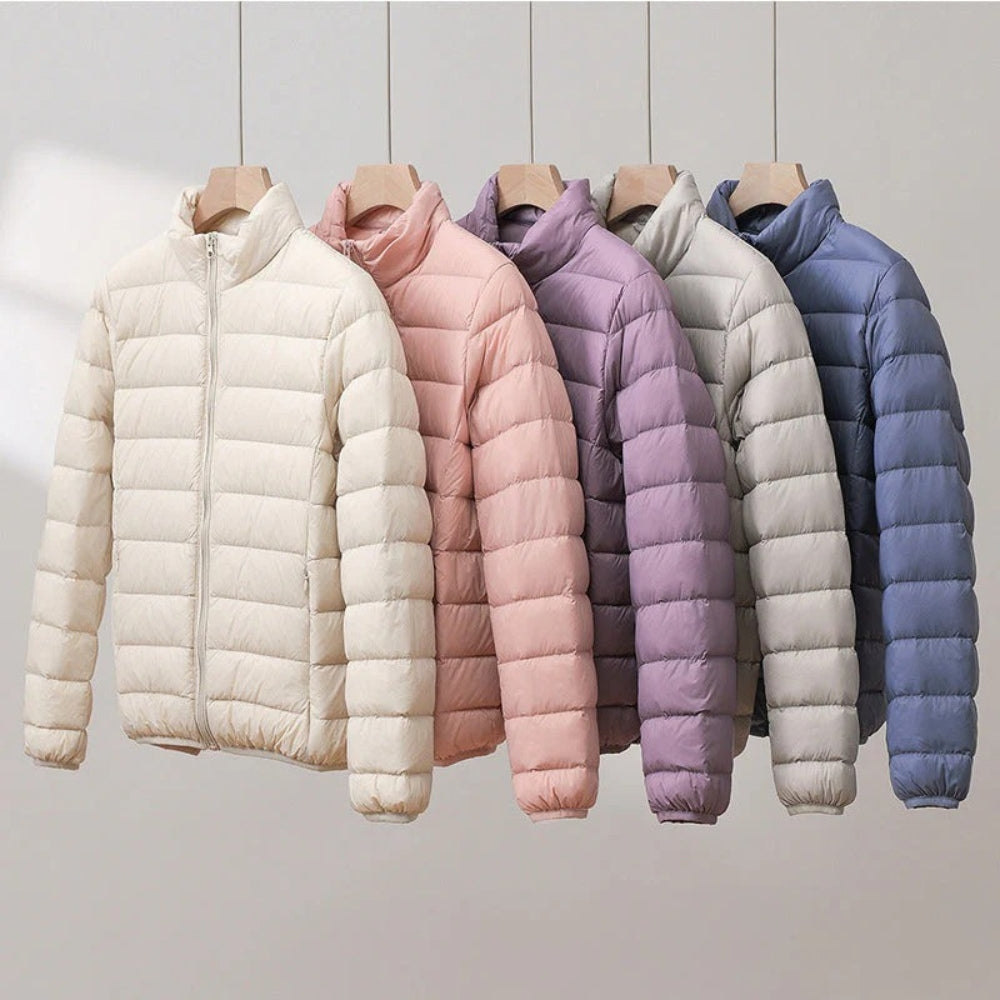 Puffer vinterjakke damer – Let quilted vinterjakke i bløde pastelfarver