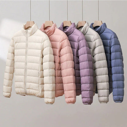 Puffer vinterjakke damer – Let quilted vinterjakke i bløde pastelfarver