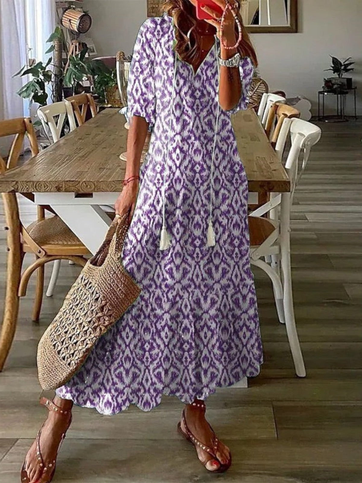 Sophia Boho Vintage V-Ausschnitt Sommerkleid – Müheloser, fließender Stil für Sommertage