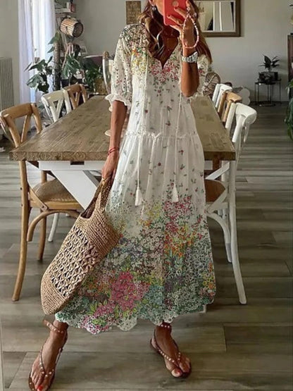 Sophia Boho Vintage V-Ausschnitt Sommerkleid – Müheloser, fließender Stil für Sommertage