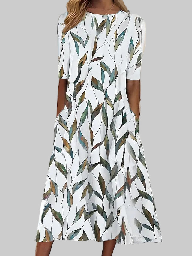 Amelia | Leaf Pattern Summer Midi Dress