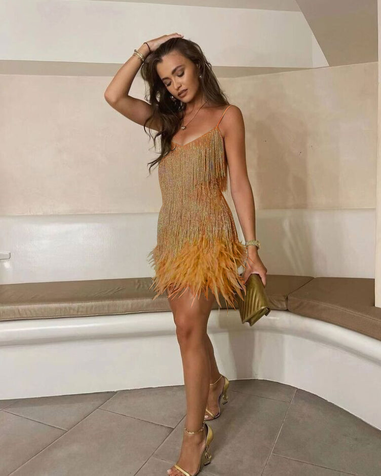 Women's Satin Fringe Flapper Party Mini Dress