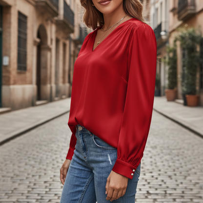 Damen Satinbluse mit V-Ausschnitt und Langarm