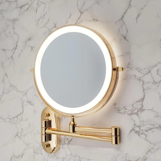 Elegant LED Vægspejl med Forstørrelse og Guld Finish