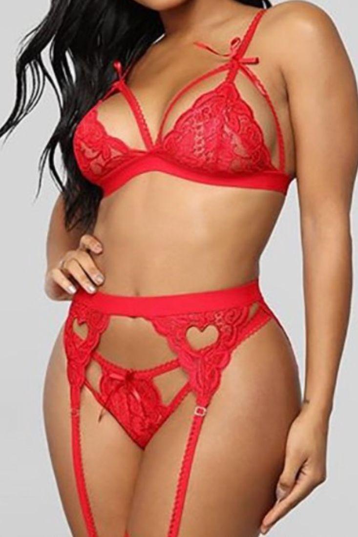 Red Lace Lingerie Set Bra Garter dames