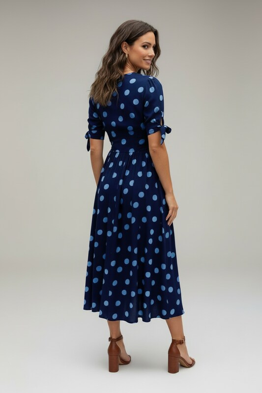 Printed Midi Dress with V Neckline and Button Front