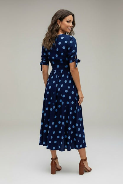 Printed Midi Dress with V Neckline and Button Front