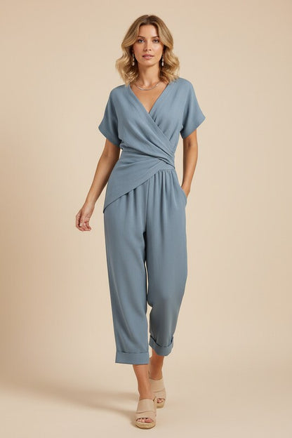 Wrap Front Two Piece Set with Tailored Trousers