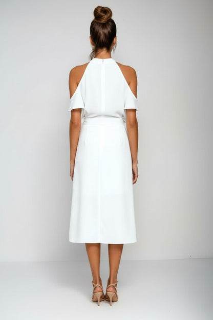 Cold Shoulder Halter Midi Dress with Asymmetric Hem